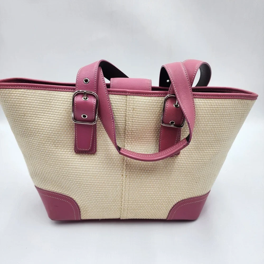 Y2K Coach Woven Straw Tote Bag Pink Leather Trim Buckle Preppy Shoulder Purse